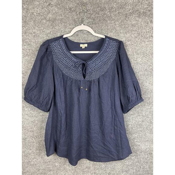 Mason Tops - Mason Belle Women's Blouse XL Blue Smocking with Stitching Tye Clouser